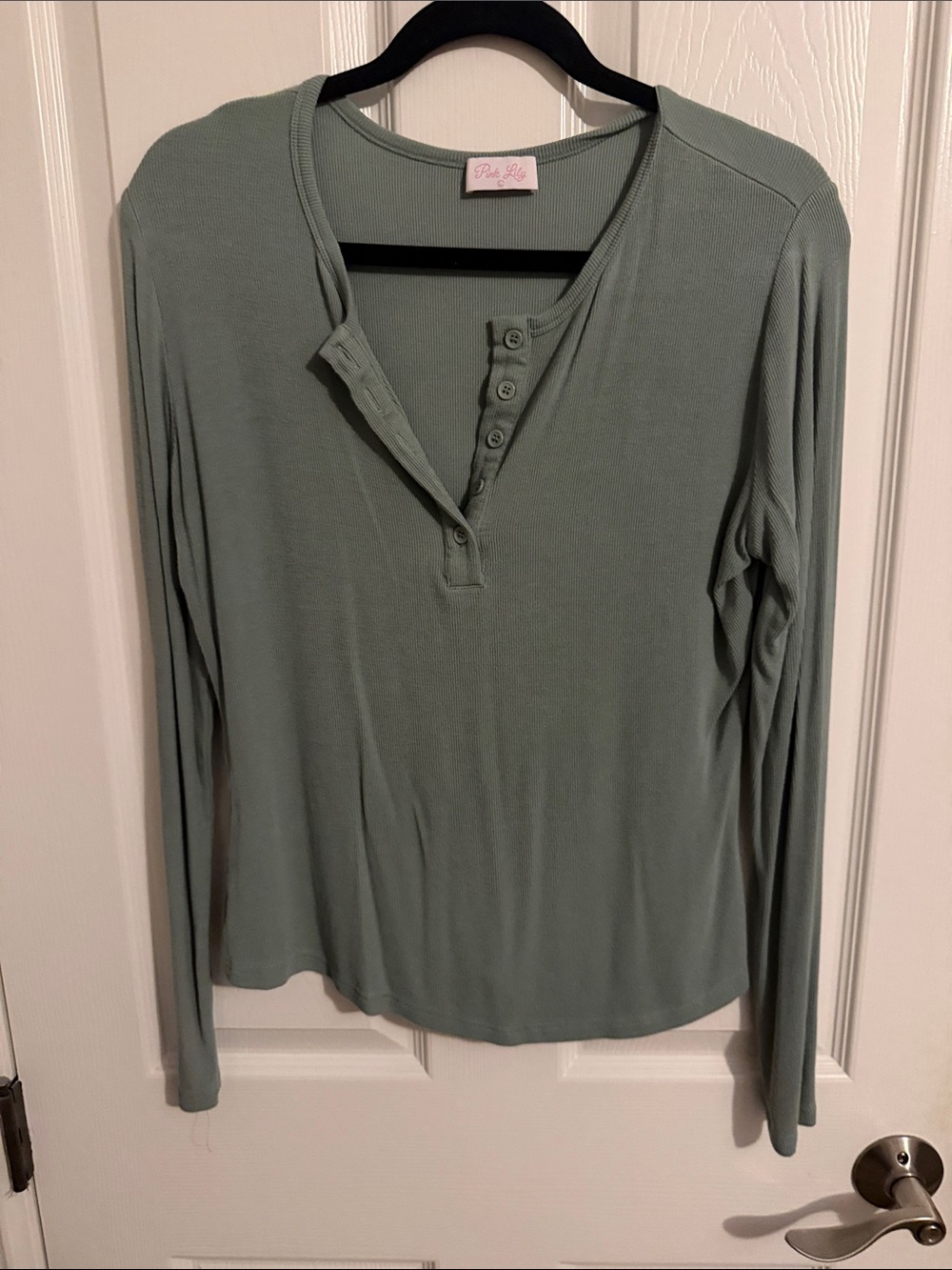 Pink Lily Sage Green Long Sleeve Henley Top